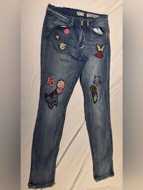 Indigo Rein Ankle Jeans Sz 11 Patch Detail Stretch Denim Button Fly Skinny Pants